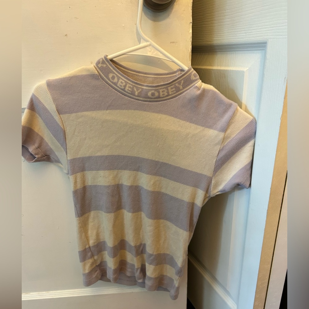 Obey Purple and white striped form fitting shirt size S. Bought from Zumiez